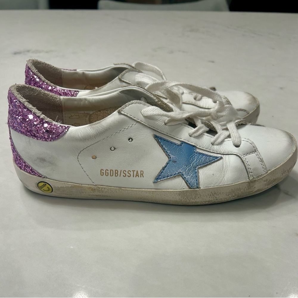 Golden Goose Kids White Sneakers with Blue Star and Pink Glitter